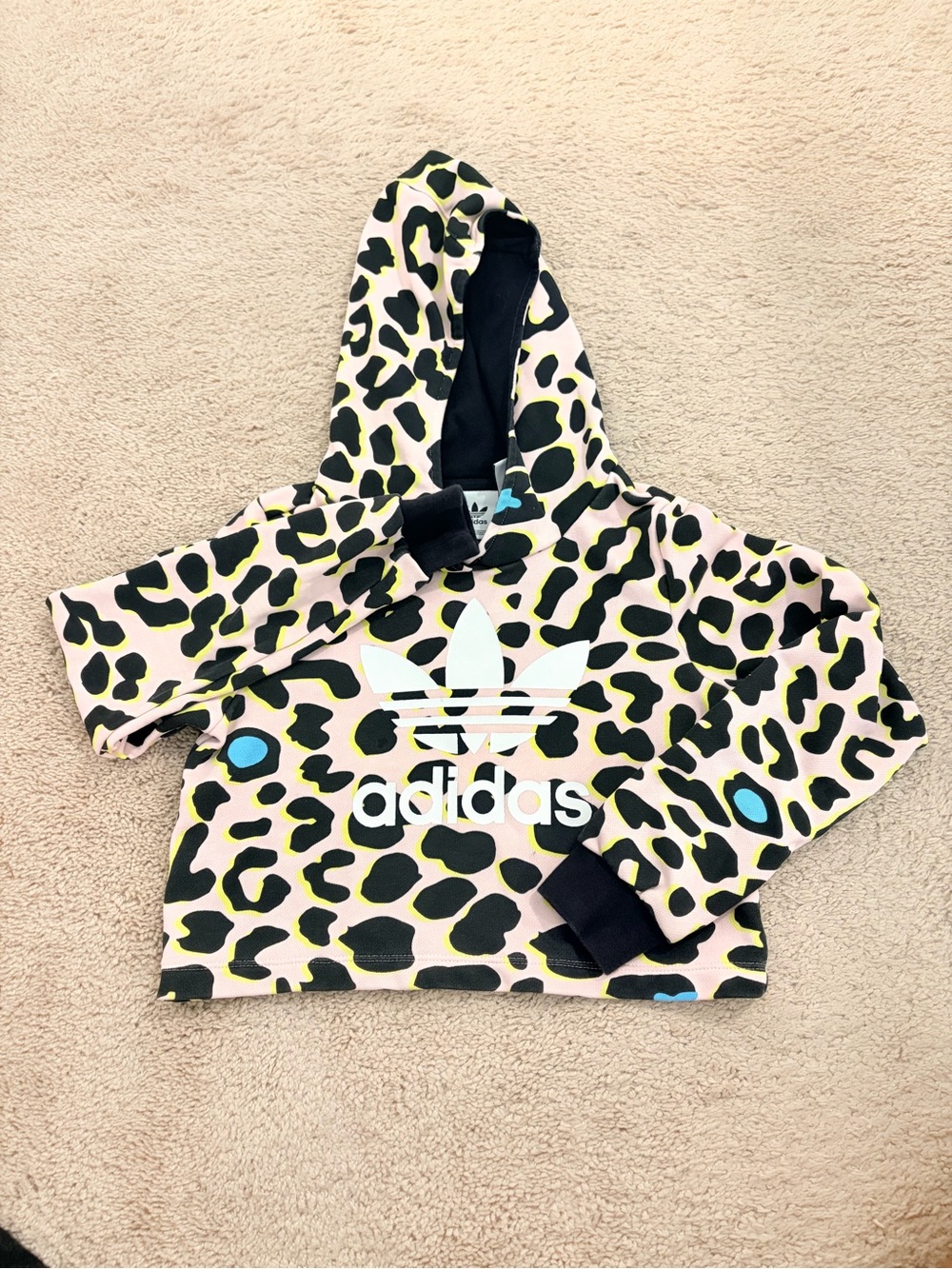 Adidas Originals Girls Pink Leopard Print Cropped Hoodie Sweatshirt Size 7-8Y